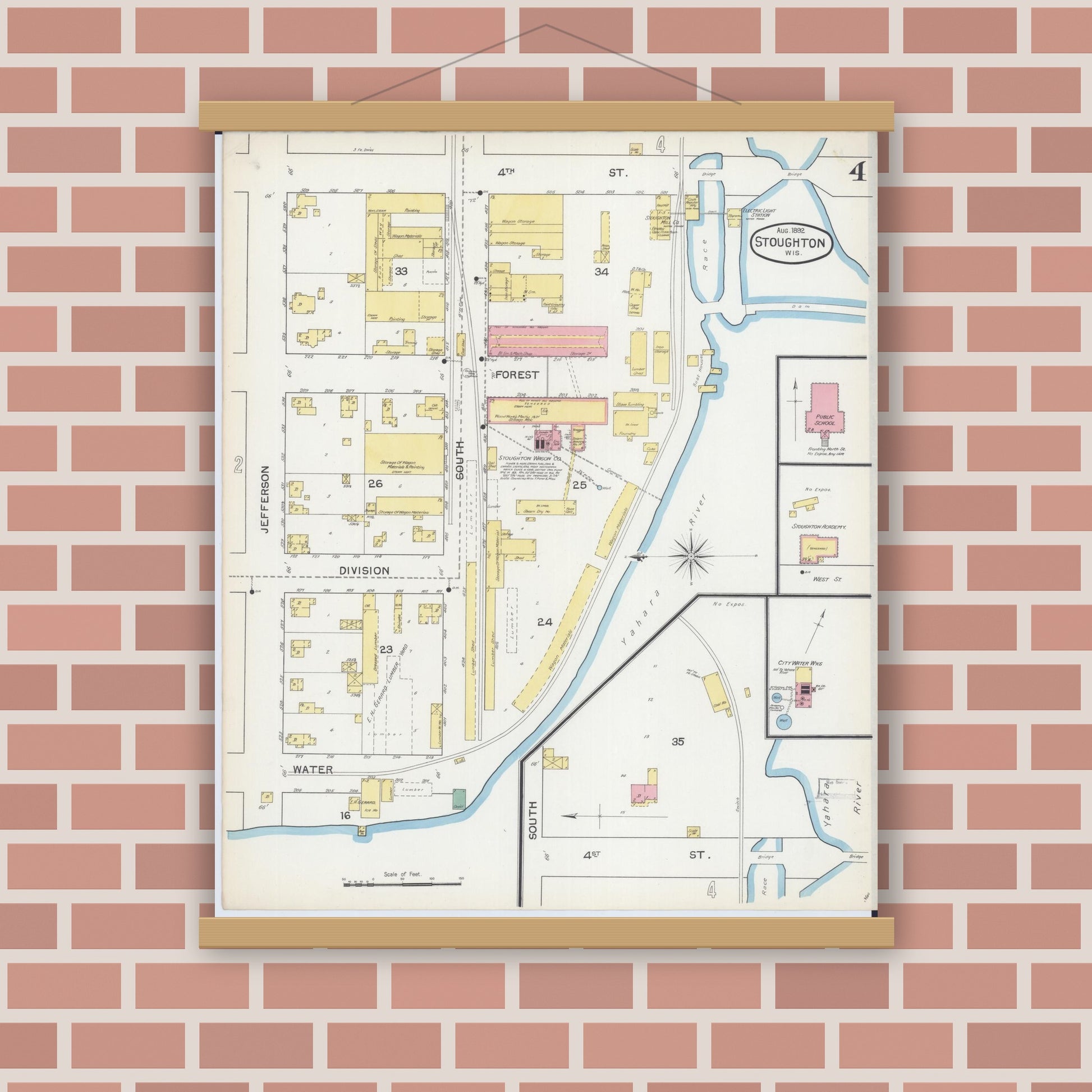 Old map wall art mockup — magnetic wood frame on brick wall — Sanborn Fire Insurance Map from Stoughton, Dane County, Wisconsin (1892), Sheet #0004