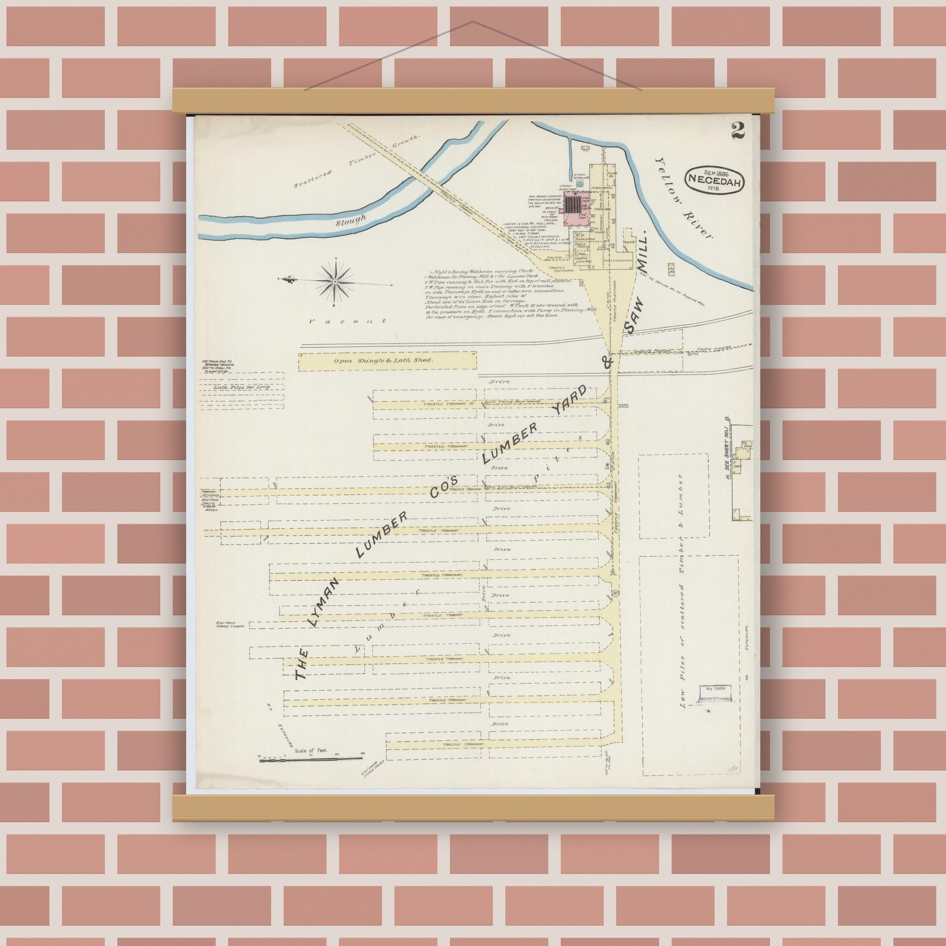Old map wall art mockup — magnetic wood frame on brick wall — Sanborn Fire Insurance Map from Necedah, Juneau County, Wisconsin (1885), Sheet #0002