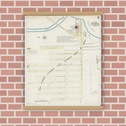 Old map wall art mockup — magnetic wood frame on brick wall — Sanborn Fire Insurance Map from Necedah, Juneau County, Wisconsin (1885), Sheet #0002