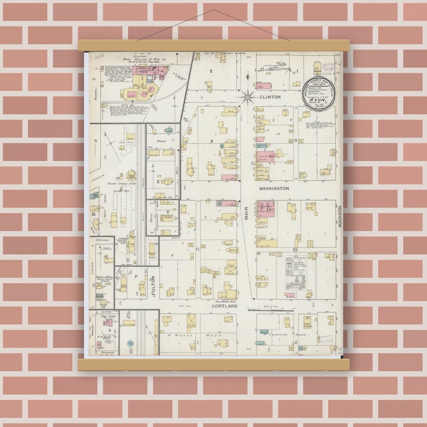 Old map wall art mockup — magnetic wood frame on brick wall — Sanborn Fire Insurance Map from Avon, Fulton County, Illinois (1893), Sheet #0001