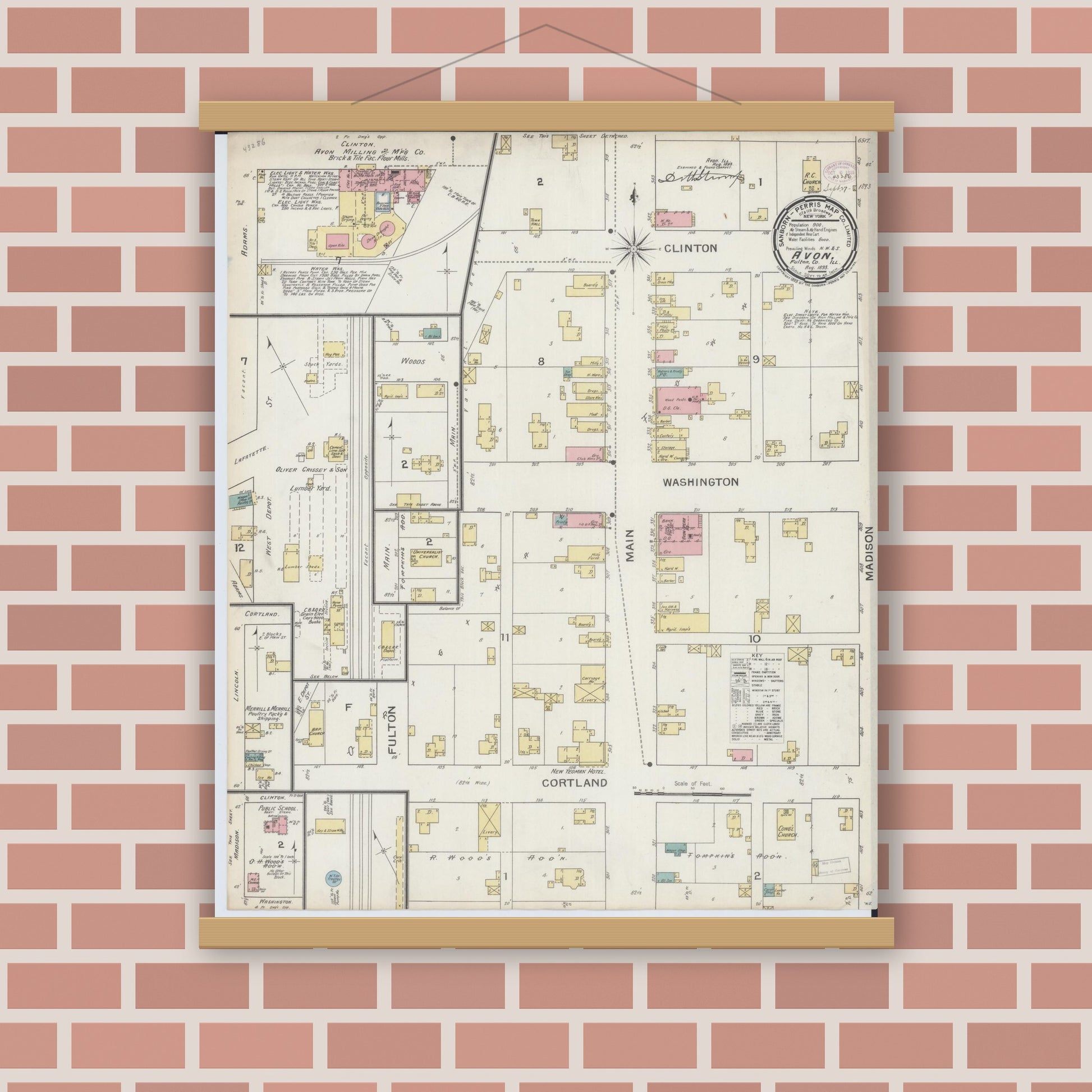 Old map wall art mockup — magnetic wood frame on brick wall — Sanborn Fire Insurance Map from Avon, Fulton County, Illinois (1893), Sheet #0001