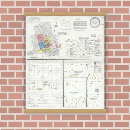 Old map wall art mockup — magnetic wood frame on brick wall — Sanborn Fire Insurance Map from Odessa, Edger County, Texas (1934), Sheet #0001