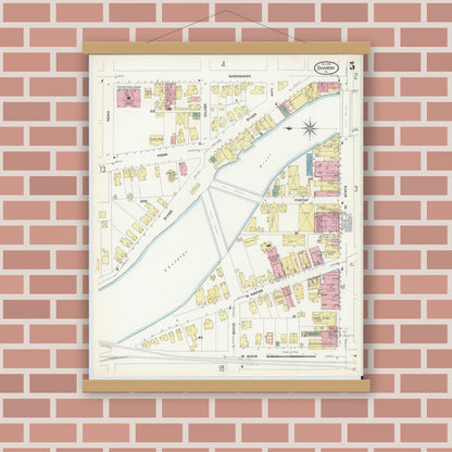 Old map wall art mockup — magnetic wood frame on brick wall — Sanborn Fire Insurance Map from Sharon, Mercer County, Pennsylvania (1908), Sheet #0005