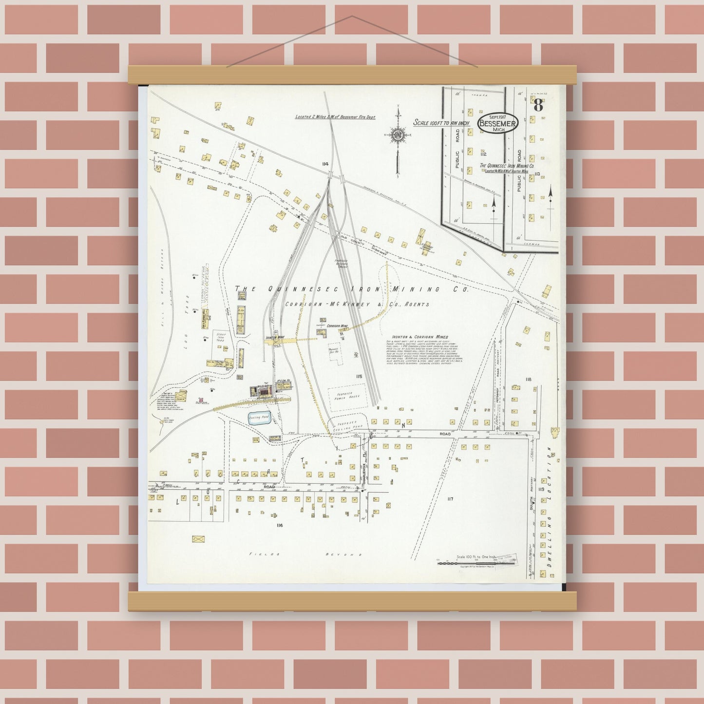 Old map wall art mockup — magnetic wood frame on brick wall — Sanborn Fire Insurance Map from Bessemer, Gogebic County, Michigan (1917), Sheet #0008