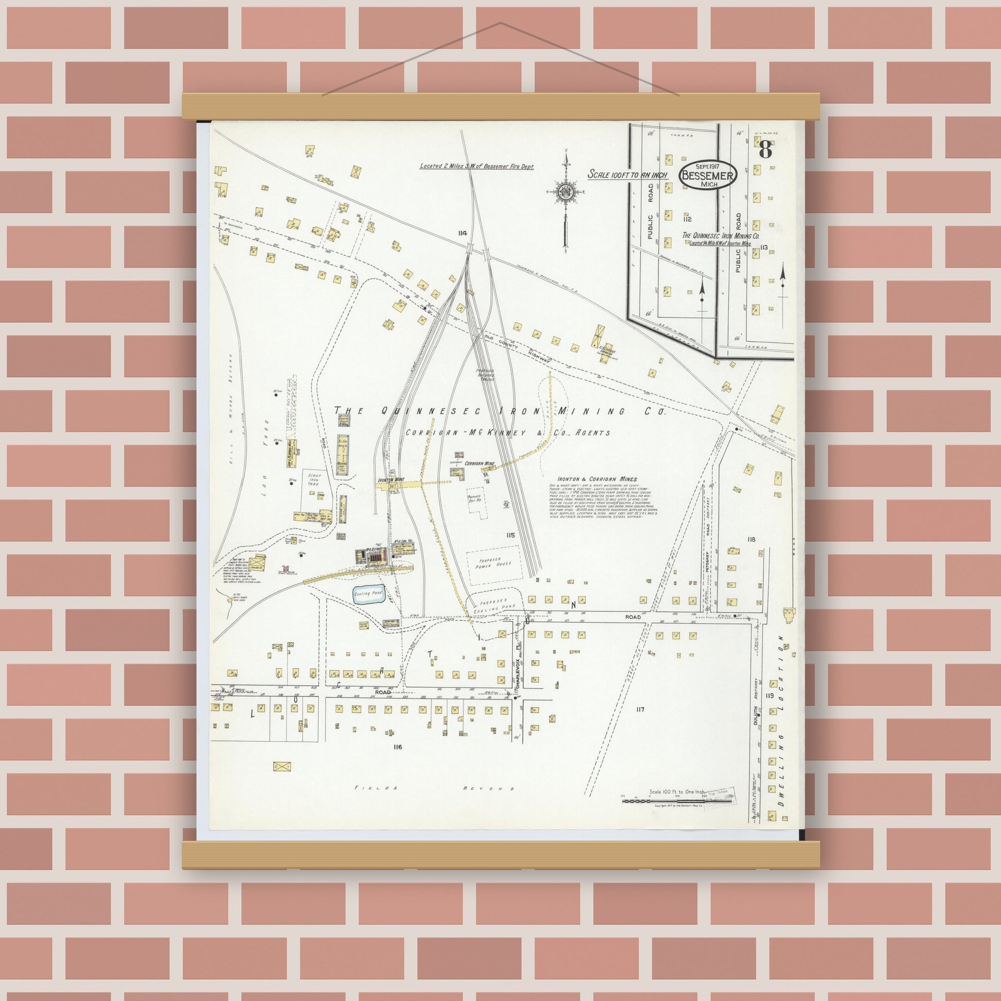Old map wall art mockup — magnetic wood frame on brick wall — Sanborn Fire Insurance Map from Bessemer, Gogebic County, Michigan (1917), Sheet #0008