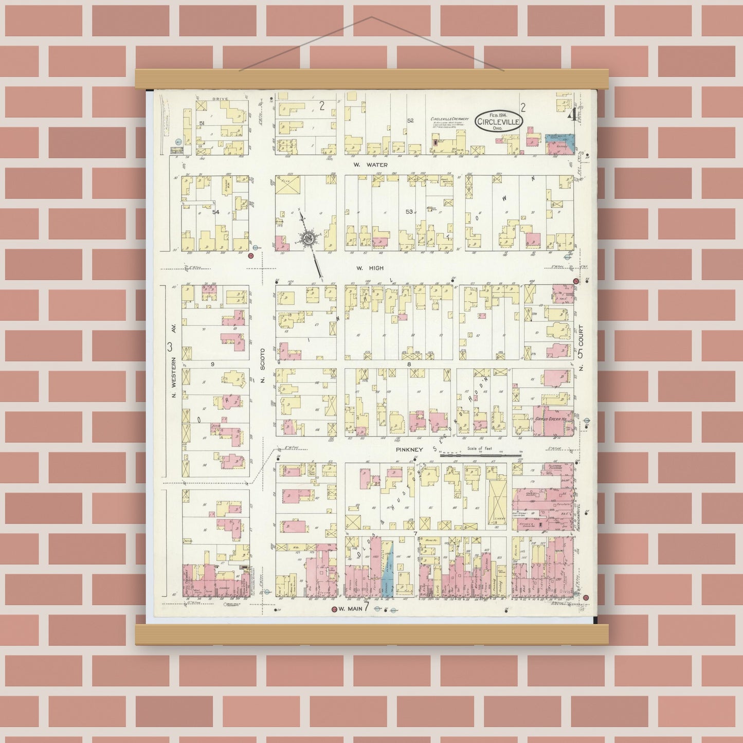 Old map wall art mockup — magnetic wood frame on brick wall — Sanborn Fire Insurance Map from Circleville, Pickaway County, Ohio (1914), Sheet #0004