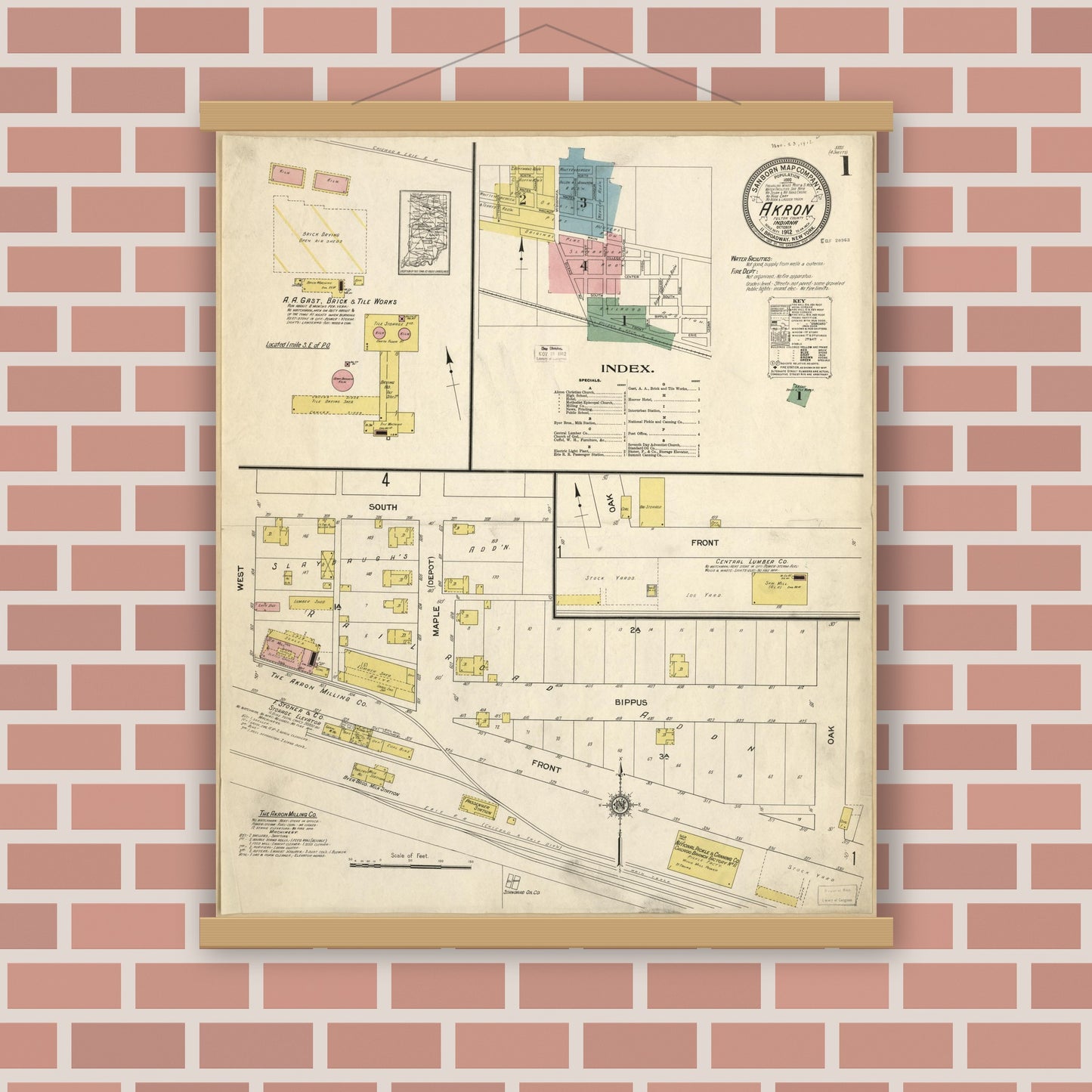 Old map wall art mockup — magnetic wood frame on brick wall — Sanborn Fire Insurance Map from Akron, Fulton County, Indiana (1912), Sheet #0001