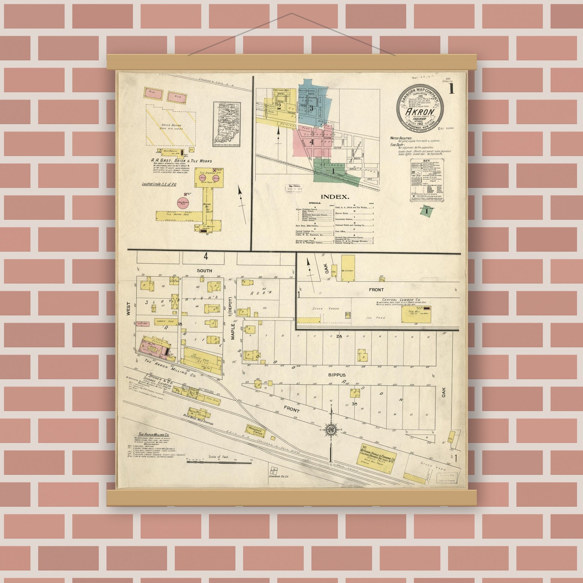 Old map wall art mockup — magnetic wood frame on brick wall — Sanborn Fire Insurance Map from Akron, Fulton County, Indiana (1912), Sheet #0001