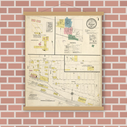 Old map wall art mockup — magnetic wood frame on brick wall — Sanborn Fire Insurance Map from Akron, Fulton County, Indiana (1912), Sheet #0001