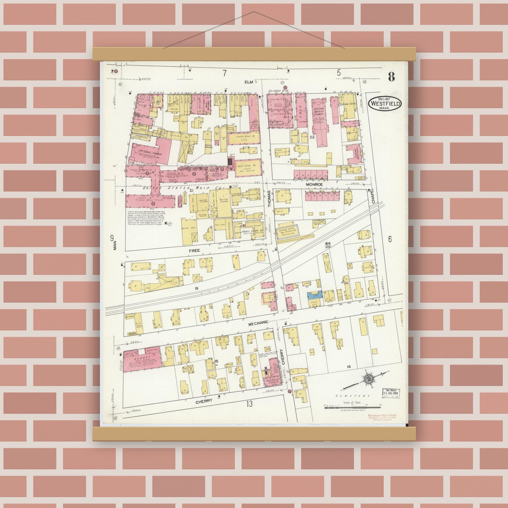 Old map wall art mockup — magnetic wood frame on brick wall — Sanborn Fire Insurance Map from Westfield, Hampden County, Massachusetts (1917), Sheet #0008