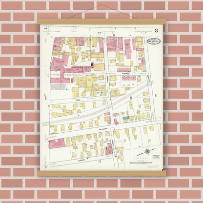 Old map wall art mockup — magnetic wood frame on brick wall — Sanborn Fire Insurance Map from Westfield, Hampden County, Massachusetts (1917), Sheet #0008