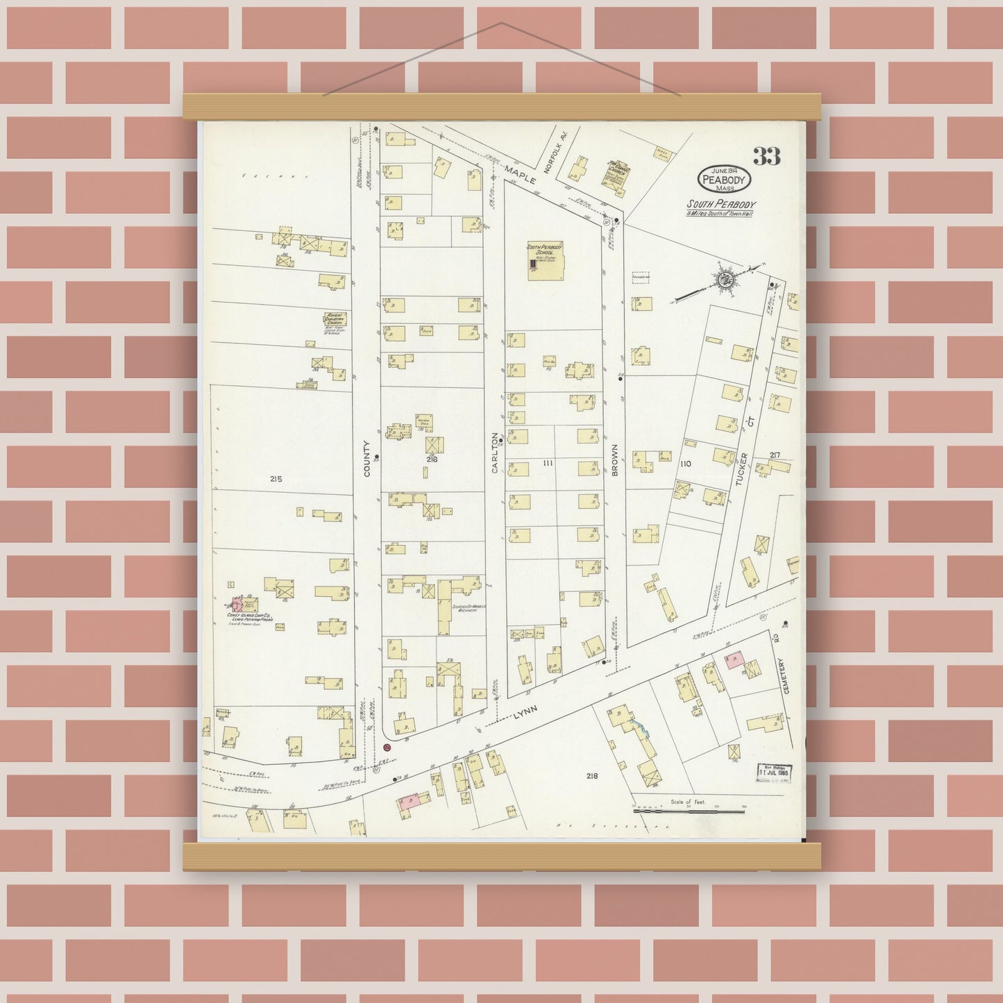 Old map wall art mockup — magnetic wood frame on brick wall — Sanborn Fire Insurance Map from Peabody, Essex County, Massachusetts (1914), Sheet #0033
