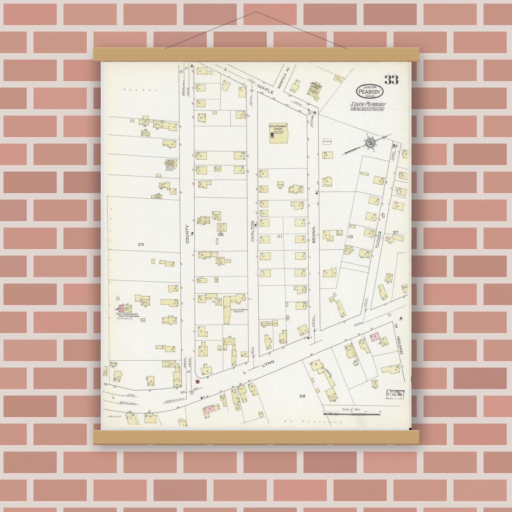 Old map wall art mockup — magnetic wood frame on brick wall — Sanborn Fire Insurance Map from Peabody, Essex County, Massachusetts (1914), Sheet #0033