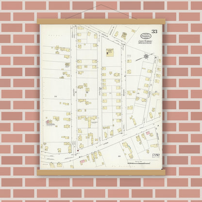 Old map wall art mockup — magnetic wood frame on brick wall — Sanborn Fire Insurance Map from Peabody, Essex County, Massachusetts (1914), Sheet #0033