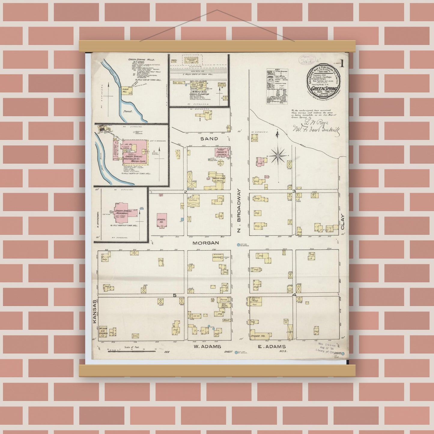 Old map wall art mockup — magnetic wood frame on brick wall — Sanborn Fire Insurance Map from Green Springs, Sandusky And Seneca Counties, Ohio (1885) - Complete Map Set