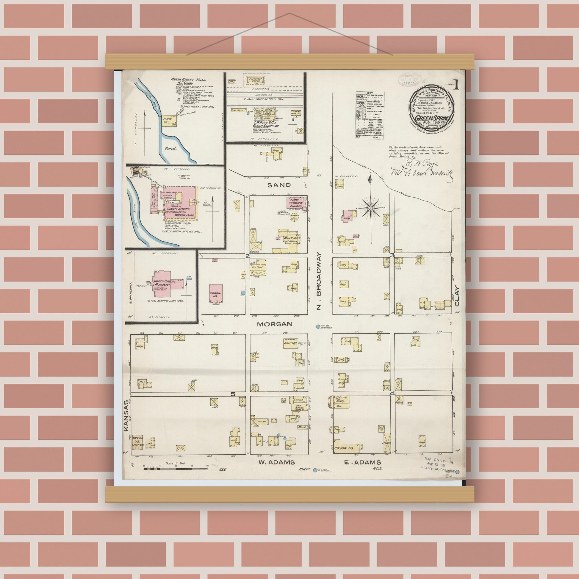 Old map wall art mockup — magnetic wood frame on brick wall — Sanborn Fire Insurance Map from Green Springs, Sandusky And Seneca Counties, Ohio (1885) - Complete Map Set
