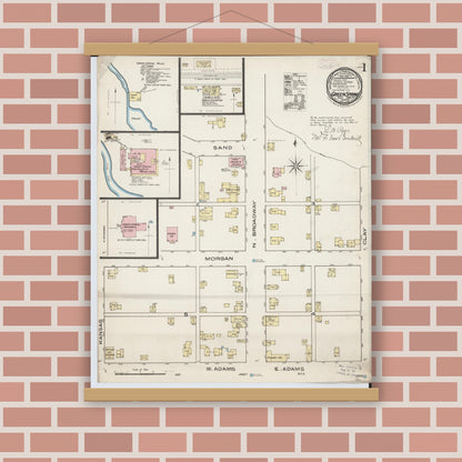 Old map wall art mockup — magnetic wood frame on brick wall — Sanborn Fire Insurance Map from Green Springs, Sandusky And Seneca Counties, Ohio (1885) - Complete Map Set