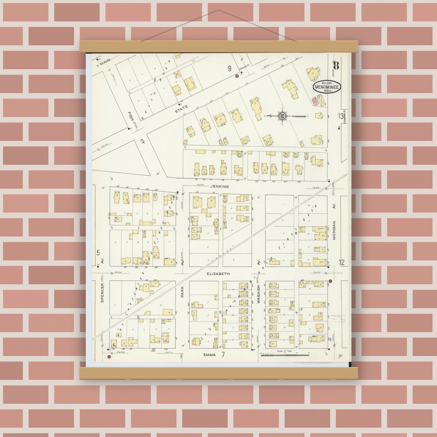 Old map wall art mockup — magnetic wood frame on brick wall — Sanborn Fire Insurance Map from Menominee, Menominee County, Michigan (1913), Sheet #0008