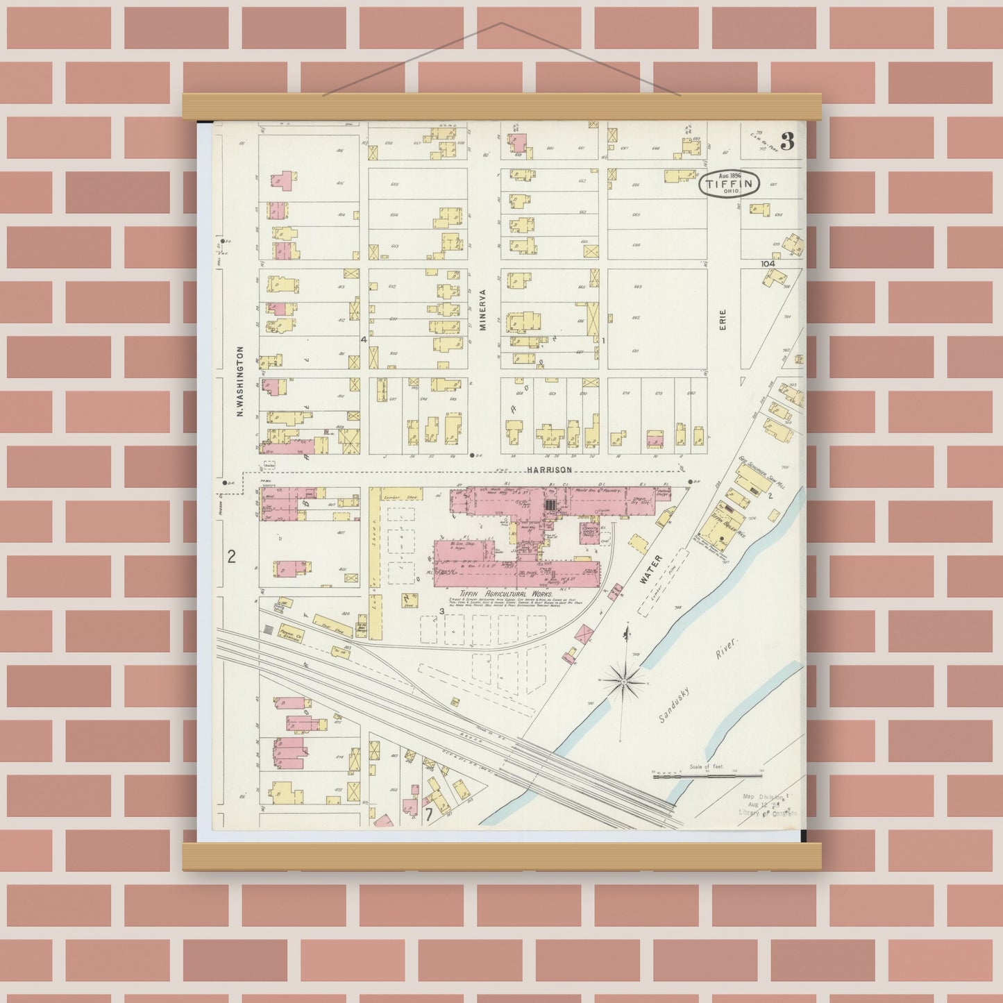 Old map wall art mockup — magnetic wood frame on brick wall — Sanborn Fire Insurance Map from Tiffin, Seneca County, Ohio (1896), Sheet #0003