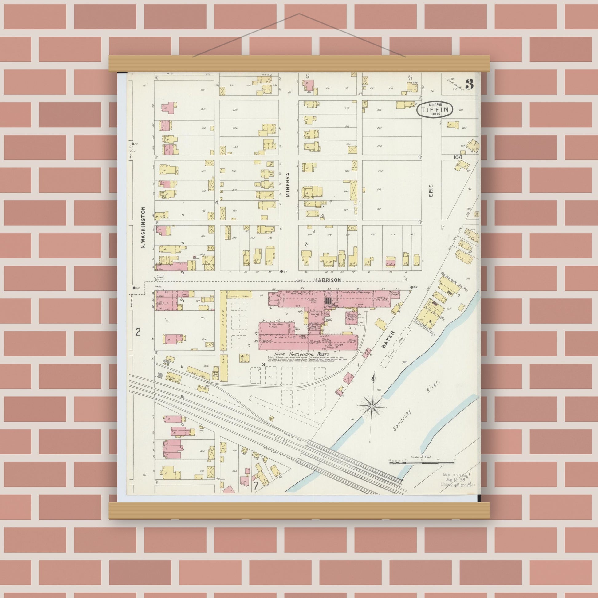 Old map wall art mockup — magnetic wood frame on brick wall — Sanborn Fire Insurance Map from Tiffin, Seneca County, Ohio (1896), Sheet #0003