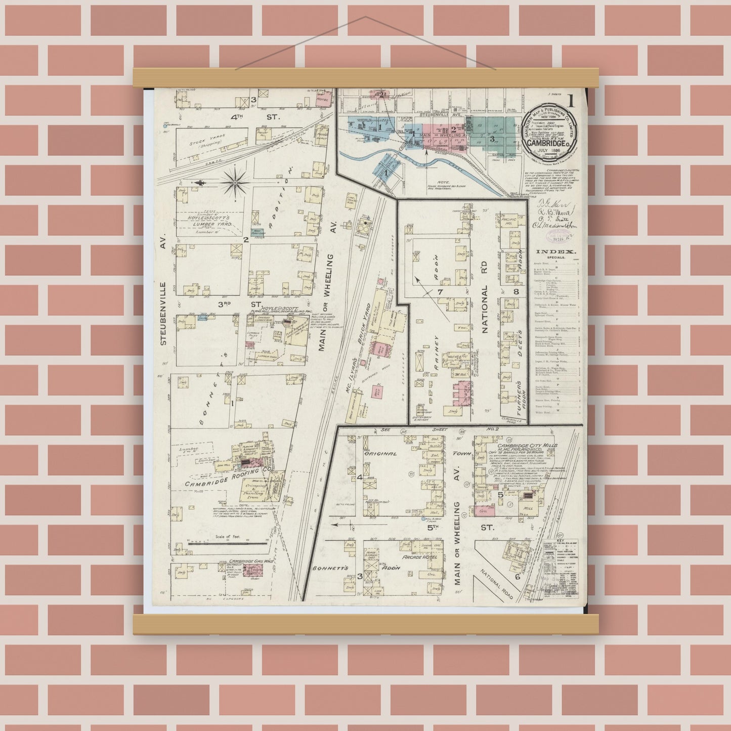 Old map wall art mockup — magnetic wood frame on brick wall — Sanborn Fire Insurance Map from Cambridge, Guernsey County, Ohio (1886), Sheet #0001