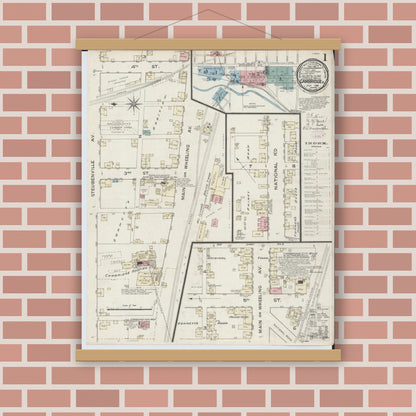 Old map wall art mockup — magnetic wood frame on brick wall — Sanborn Fire Insurance Map from Cambridge, Guernsey County, Ohio (1886), Sheet #0001