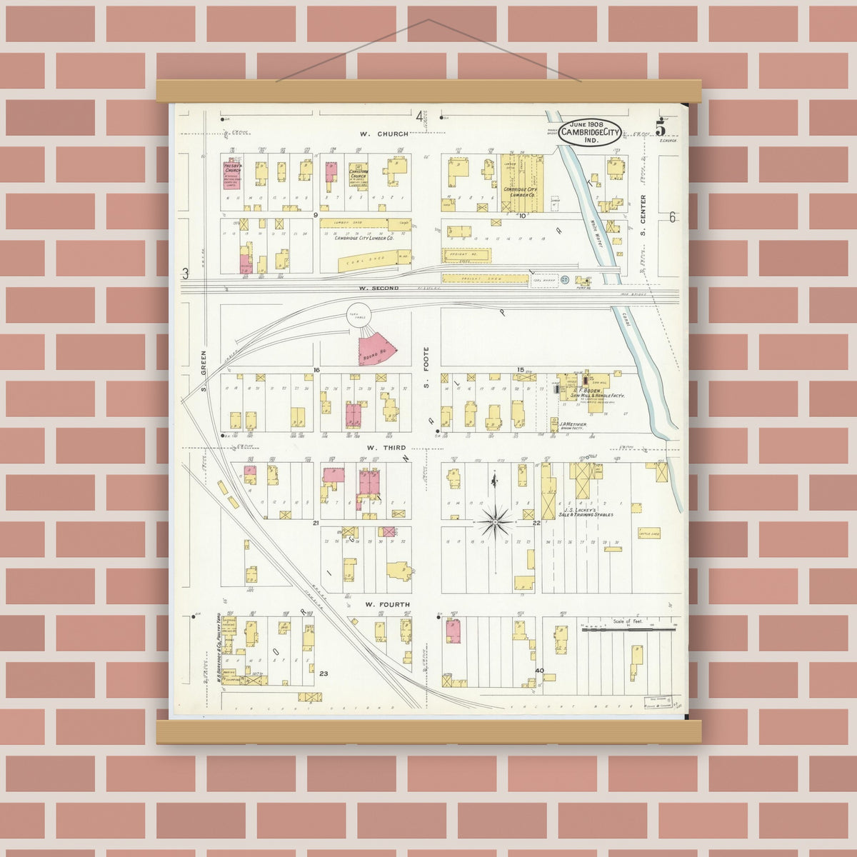 Old map wall art mockup — magnetic wood frame on brick wall — Sanborn Fire Insurance Map from Cambridge City, Wayne County, Indiana (1908), Sheet #0005