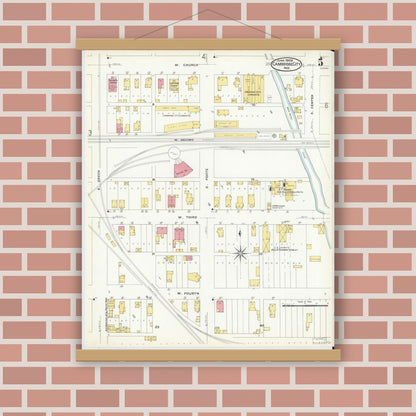 Old map wall art mockup — magnetic wood frame on brick wall — Sanborn Fire Insurance Map from Cambridge City, Wayne County, Indiana (1908), Sheet #0005