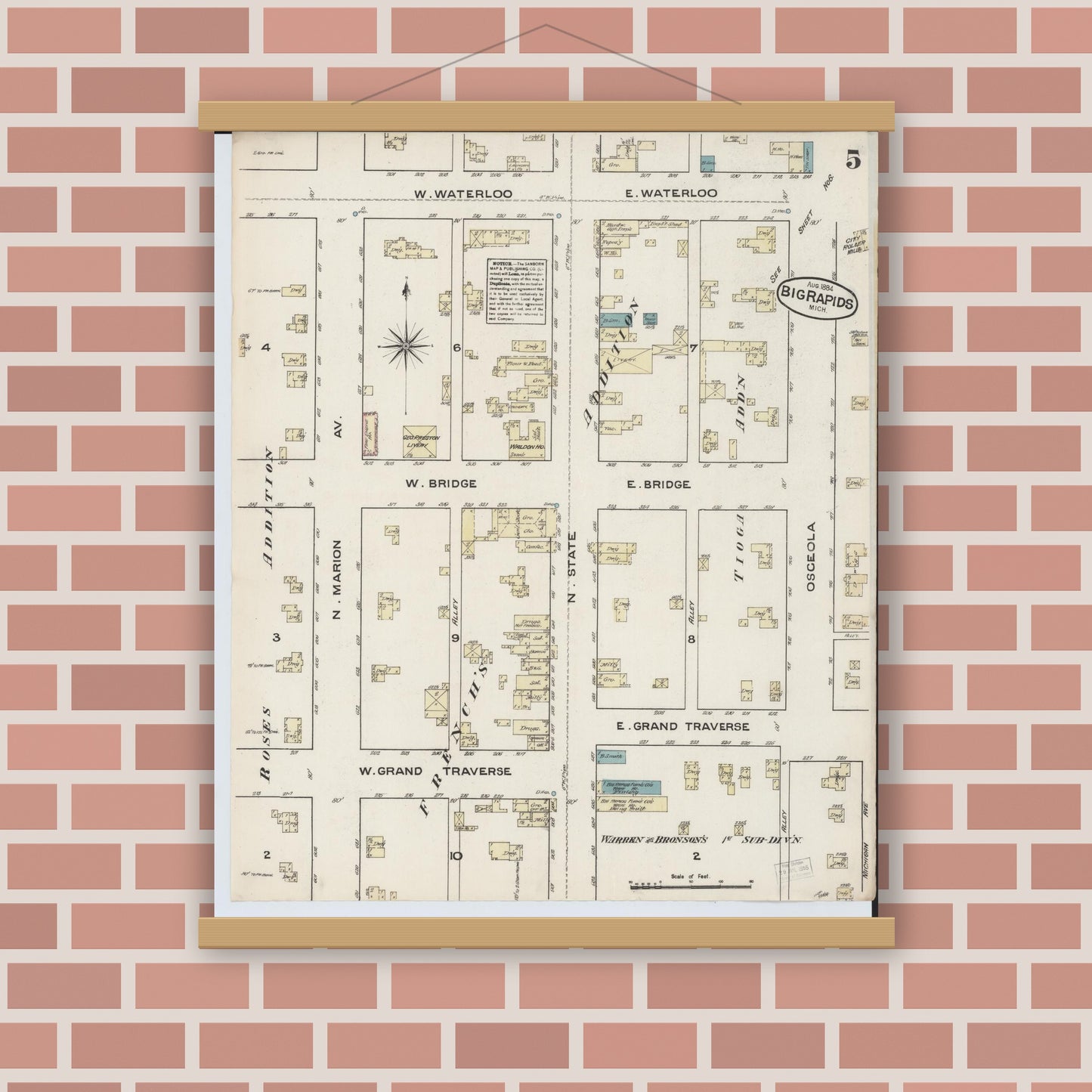 Old map wall art mockup — magnetic wood frame on brick wall — Sanborn Fire Insurance Map from Big Rapids, Mecosta County, Michigan (1884), Sheet #0005
