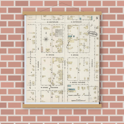 Old map wall art mockup — magnetic wood frame on brick wall — Sanborn Fire Insurance Map from Big Rapids, Mecosta County, Michigan (1884), Sheet #0005