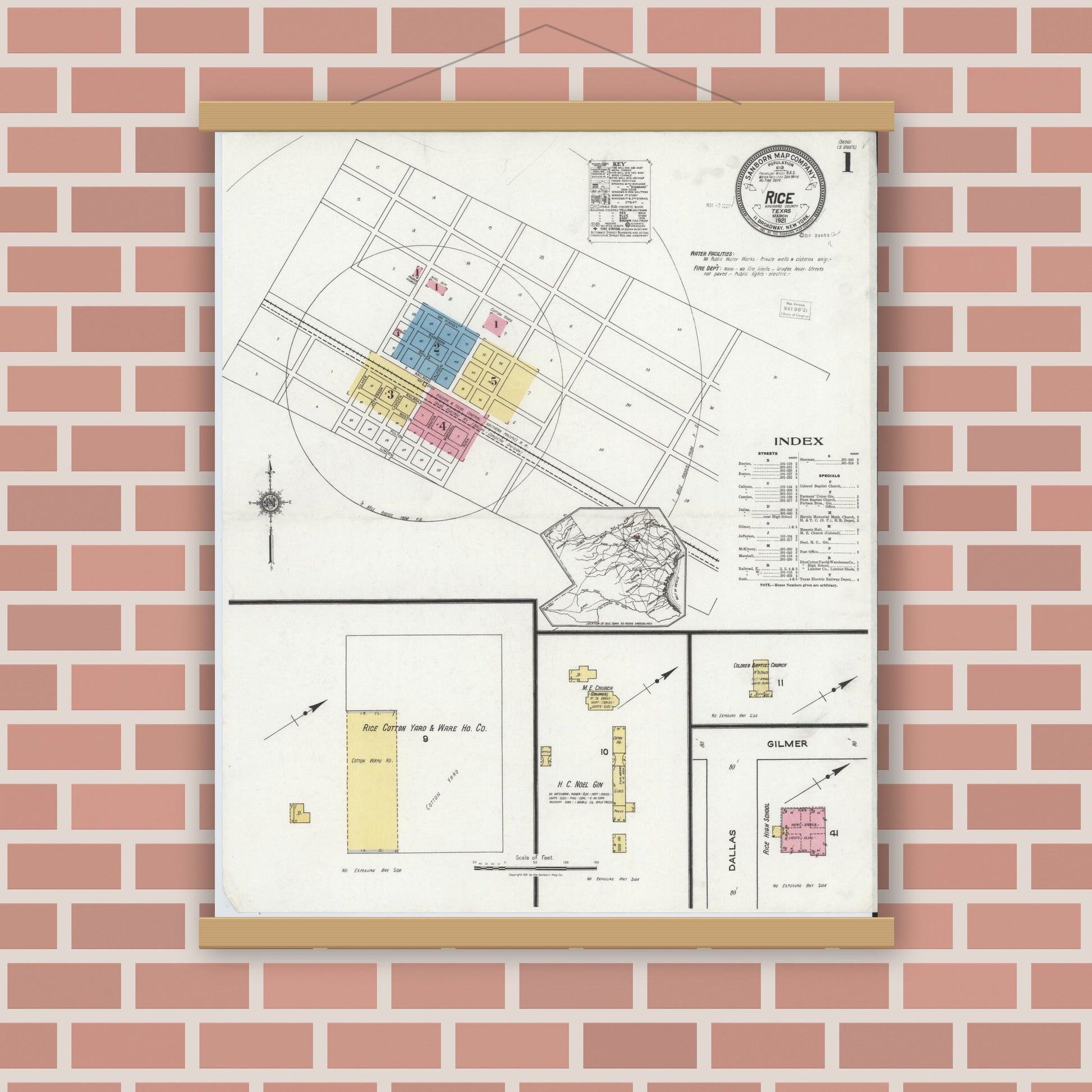 Old map wall art mockup — magnetic wood frame on brick wall — Sanborn Fire Insurance Map from Rice, Navarro County, Texas (1921) - Complete Map Set