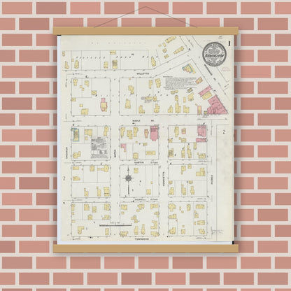 Old map wall art mockup — magnetic wood frame on brick wall — Sanborn Fire Insurance Map from Birmingham, Oakland County, Michigan (1910) - Complete Map Set