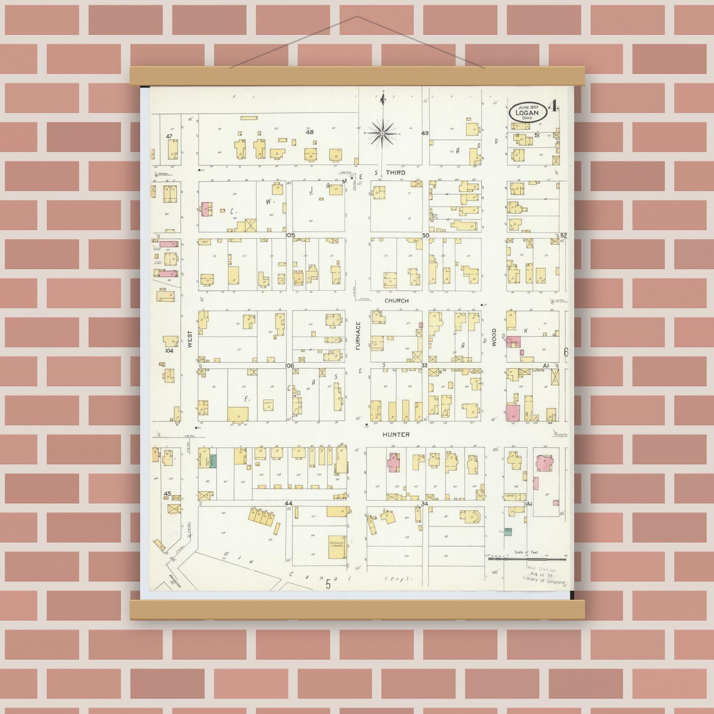 Old map wall art mockup — magnetic wood frame on brick wall — Sanborn Fire Insurance Map from Logan, Hocking County, Ohio (1907), Sheet #0004