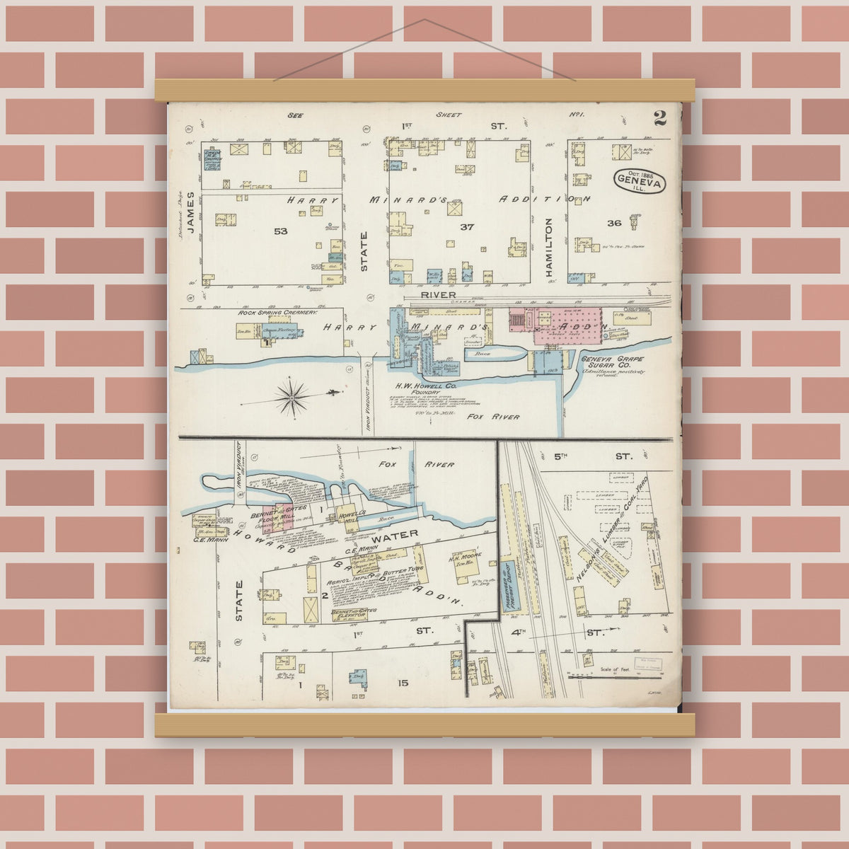 Old map wall art mockup — magnetic wood frame on brick wall — Sanborn Fire Insurance Map from Geneva, Kane County, Illinois (1885), Sheet #0002