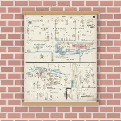 Old map wall art mockup — magnetic wood frame on brick wall — Sanborn Fire Insurance Map from Geneva, Kane County, Illinois (1885), Sheet #0002