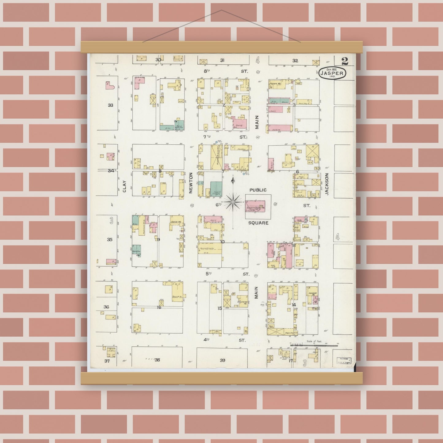 Old map wall art mockup — magnetic wood frame on brick wall — Sanborn Fire Insurance Map from Jasper, Dubois County, Indiana (1892), Sheet #0002