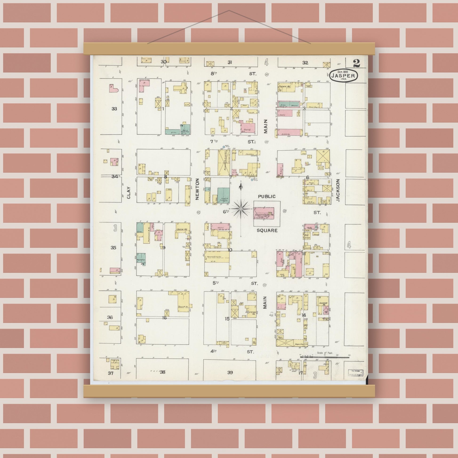 Old map wall art mockup — magnetic wood frame on brick wall — Sanborn Fire Insurance Map from Jasper, Dubois County, Indiana (1892), Sheet #0002