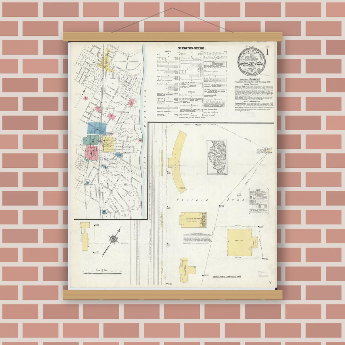 Old map wall art mockup — magnetic wood frame on brick wall — Sanborn Fire Insurance Map from Highland Park, Lake County, Illinois (1912), Sheet #0001