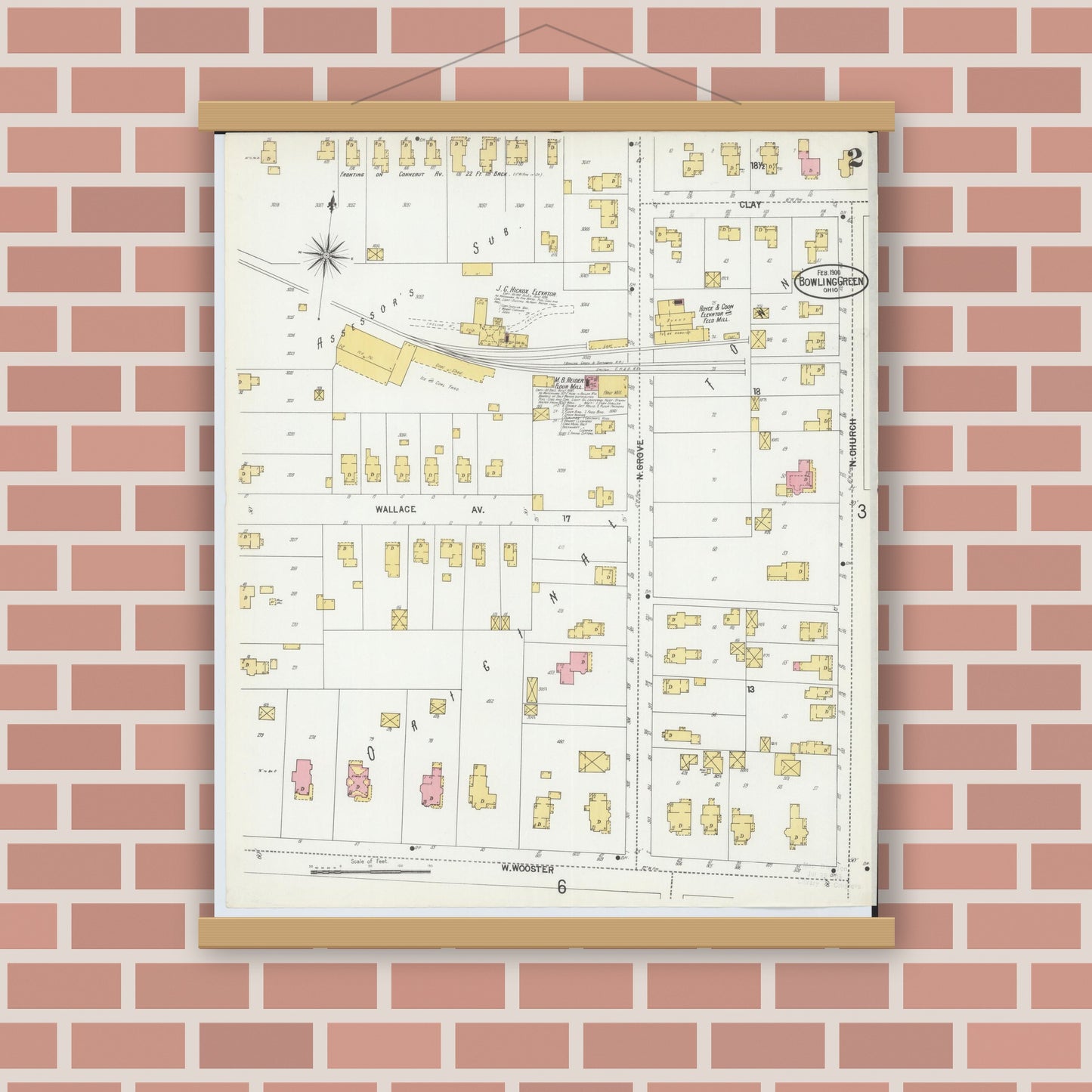 Old map wall art mockup — magnetic wood frame on brick wall — Sanborn Fire Insurance Map from Bowling Green, Wood County, Ohio (1900), Sheet #0002