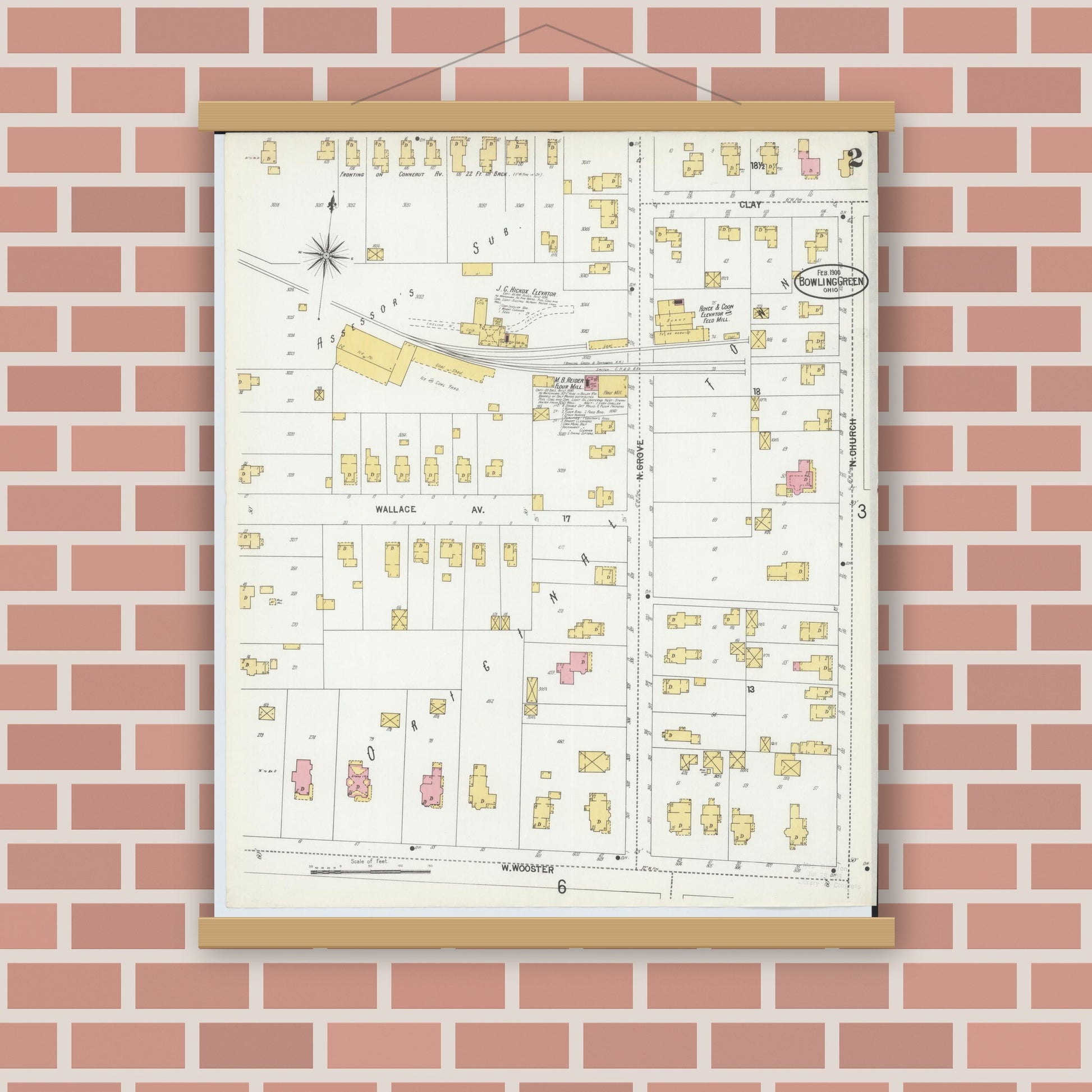 Old map wall art mockup — magnetic wood frame on brick wall — Sanborn Fire Insurance Map from Bowling Green, Wood County, Ohio (1900), Sheet #0002