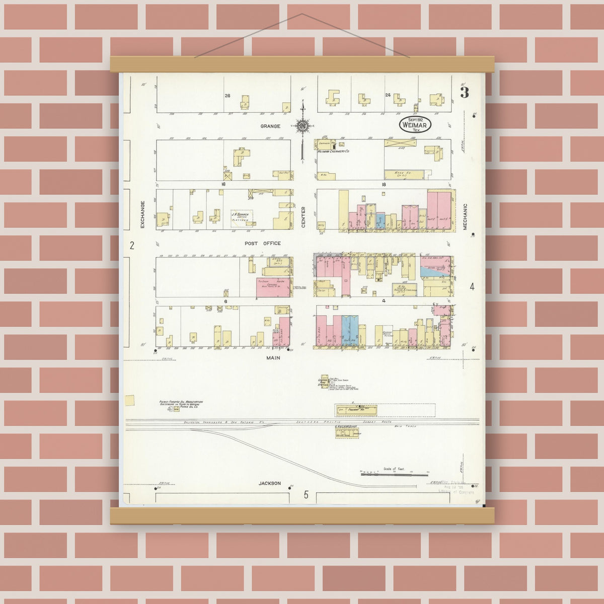 Old map wall art mockup — magnetic wood frame on brick wall — Sanborn Fire Insurance Map from Weimar, Colorado County, Texas (1912), Sheet #0003