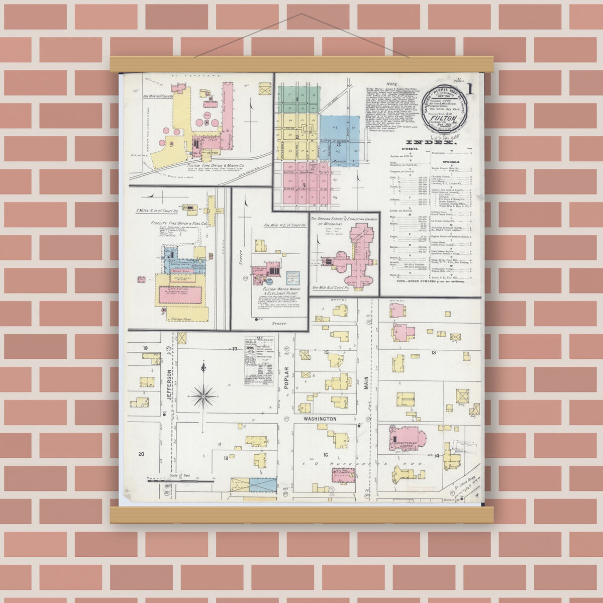 Old map wall art mockup — magnetic wood frame on brick wall — Sanborn Fire Insurance Map from Fulton, Callaway County, Missouri (1895), Sheet #0001