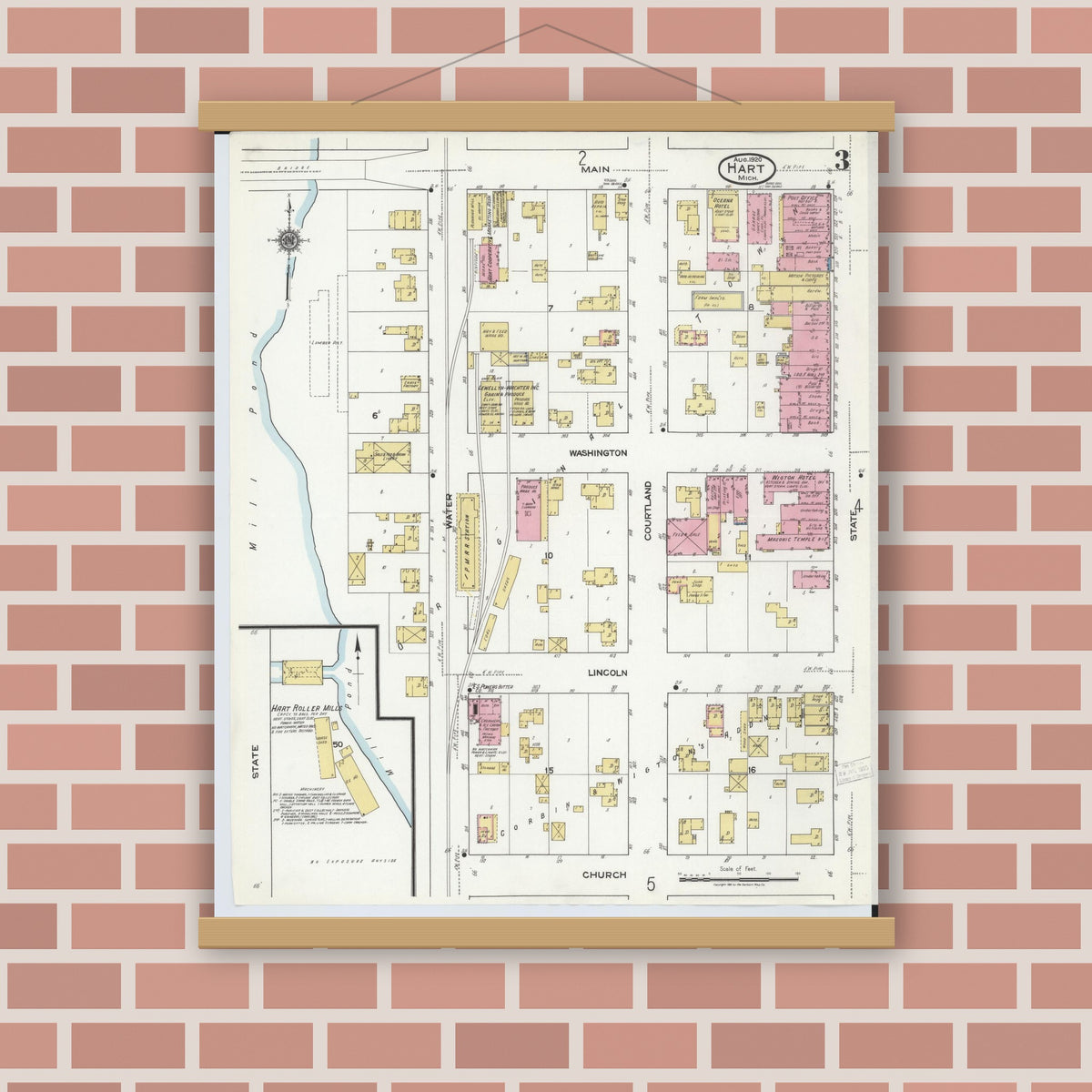 Old map wall art mockup — magnetic wood frame on brick wall — Sanborn Fire Insurance Map from Hart, Oceana County, Michigan (1920), Sheet #0003
