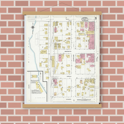 Old map wall art mockup — magnetic wood frame on brick wall — Sanborn Fire Insurance Map from Hart, Oceana County, Michigan (1920), Sheet #0003