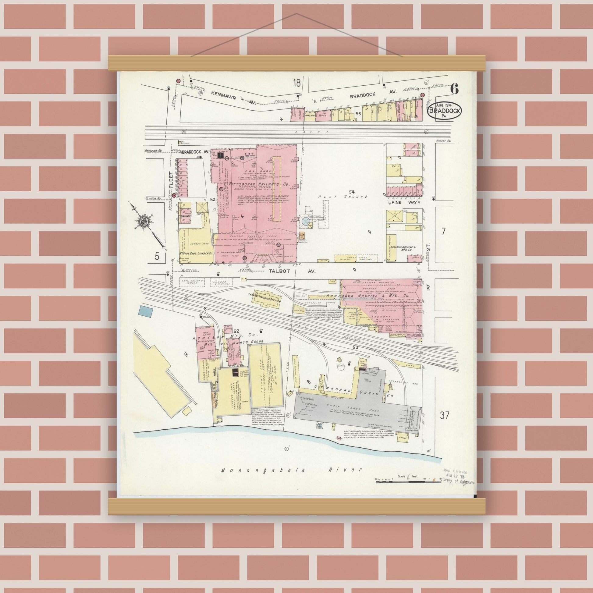 Old map wall art mockup — magnetic wood frame on brick wall — Sanborn Fire Insurance Map from Braddock, Allegheny County, Pennsylvania (1914), Sheet #0006