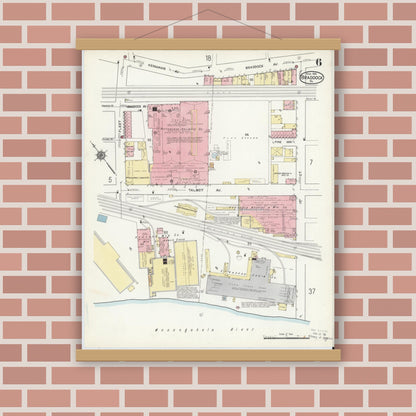 Old map wall art mockup — magnetic wood frame on brick wall — Sanborn Fire Insurance Map from Braddock, Allegheny County, Pennsylvania (1914), Sheet #0006