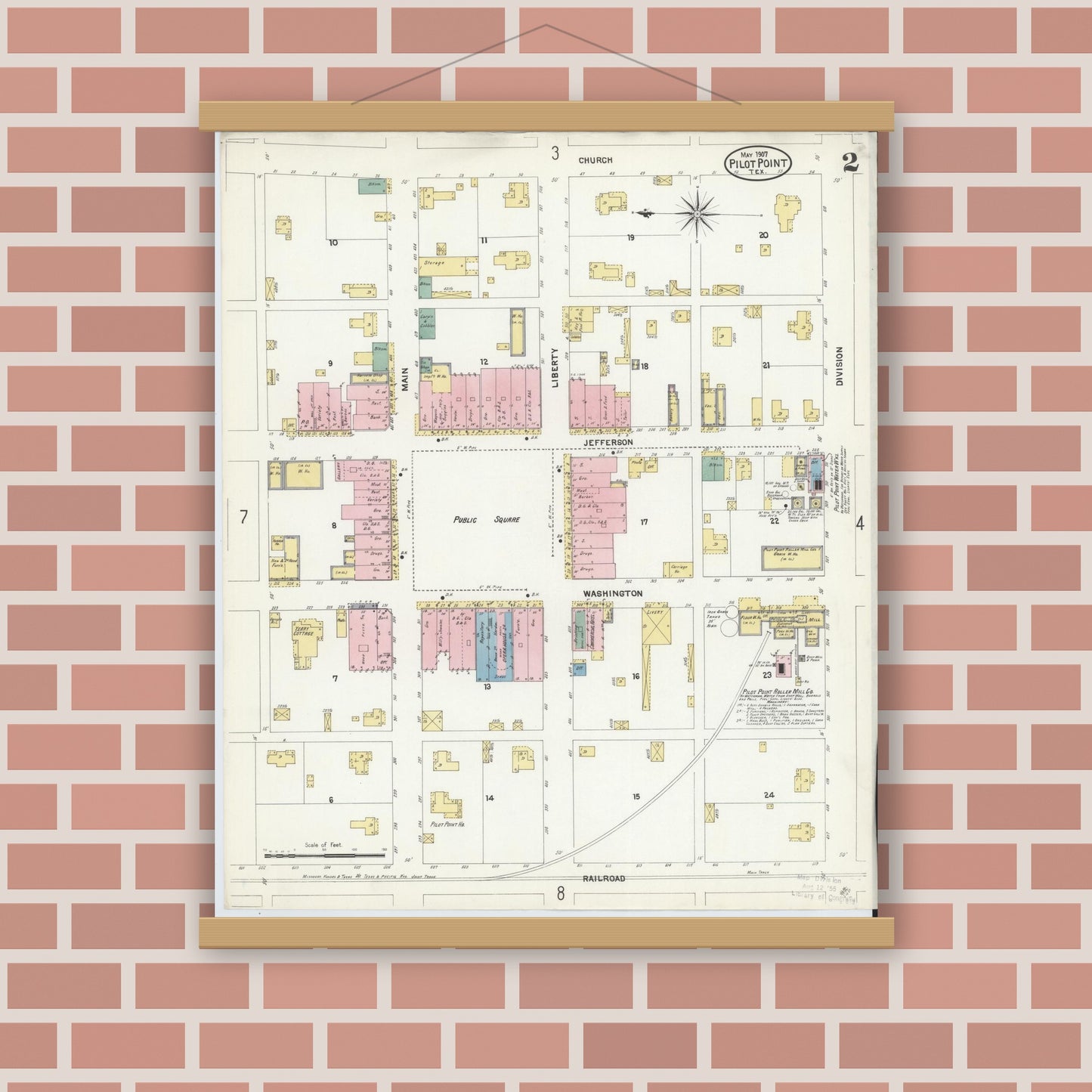 Old map wall art mockup — magnetic wood frame on brick wall — Sanborn Fire Insurance Map from Pilot Point, Denton County, Texas (1907), Sheet #0002