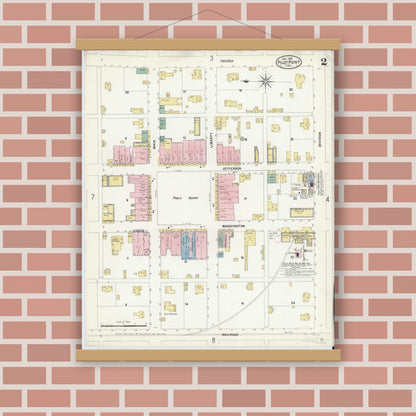 Old map wall art mockup — magnetic wood frame on brick wall — Sanborn Fire Insurance Map from Pilot Point, Denton County, Texas (1907), Sheet #0002