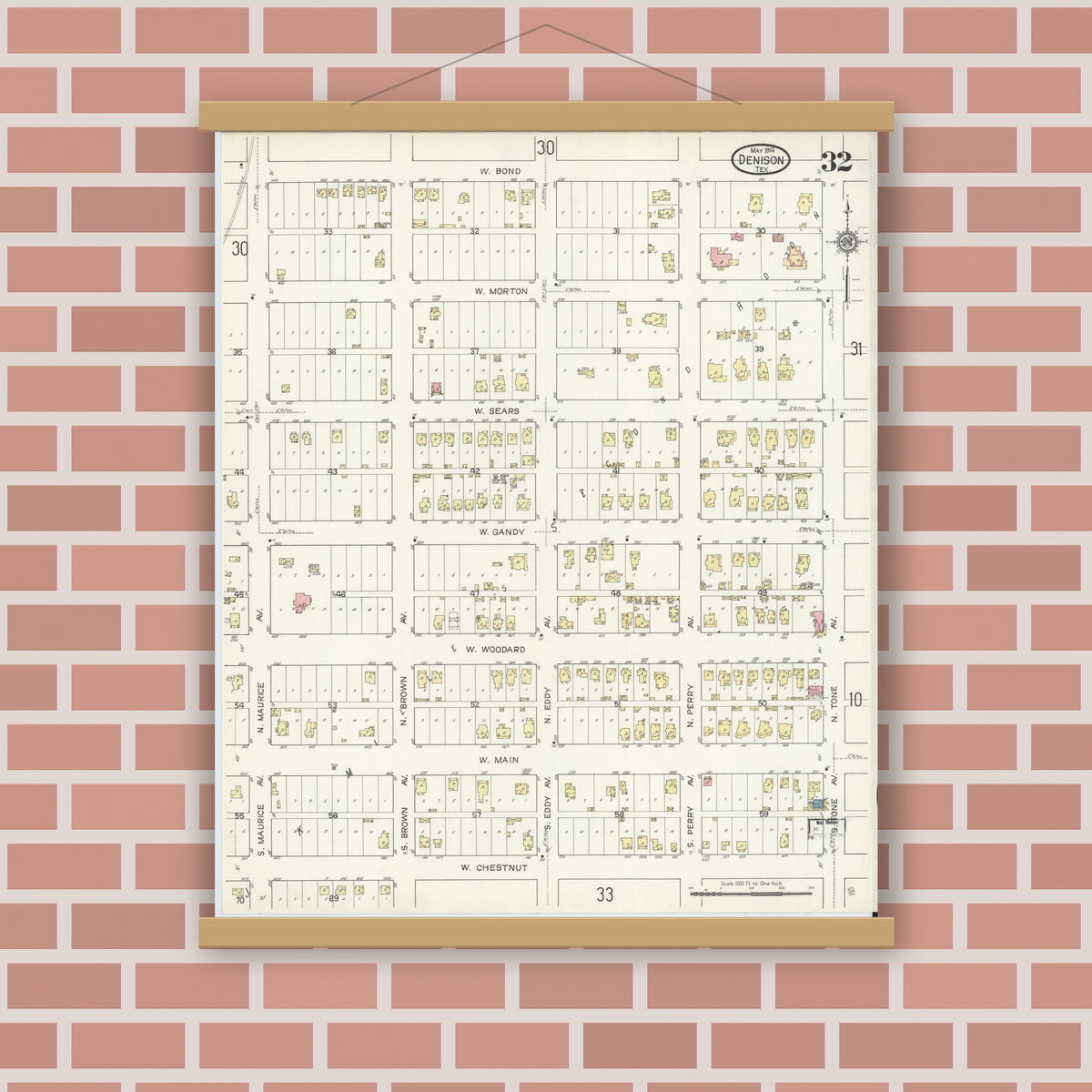 Old map wall art mockup — magnetic wood frame on brick wall — Sanborn Fire Insurance Map from Denison, Grayson County, Texas (1914), Sheet #0032