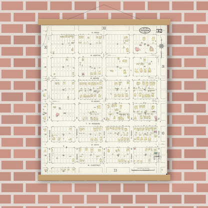 Old map wall art mockup — magnetic wood frame on brick wall — Sanborn Fire Insurance Map from Denison, Grayson County, Texas (1914), Sheet #0032